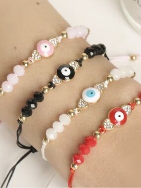 Evil Eye Beaded Adjustable Bracelet - Pink, Black, White, Red